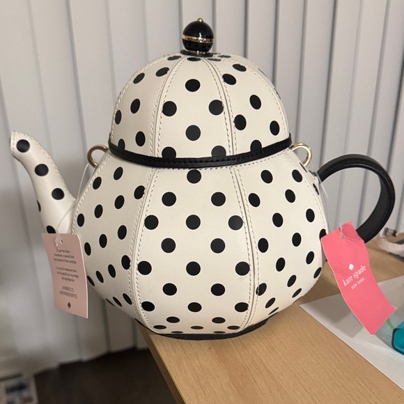 kate spade Handbags - Kate Spade Alice and Wonderland Black and White Polka Dot Teapot Bag